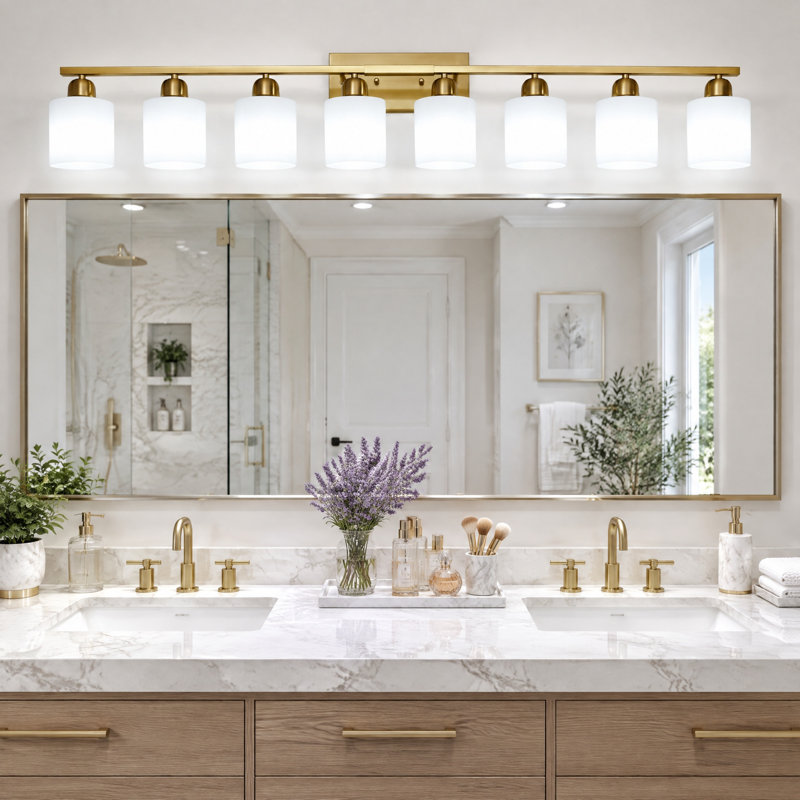 Applique murale de salle de bain dorée à 8 lumières, 52 pouces, avec abat-jour blanc et antirouille., Brushed Gold