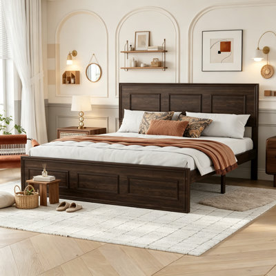 Lit plateforme en bois de pin avec tête et pied de lit réglables, cadre de lit à panneau Shaker, sommeil silencieux et assemblage facile, aucun sommier requis, grand lit, brun