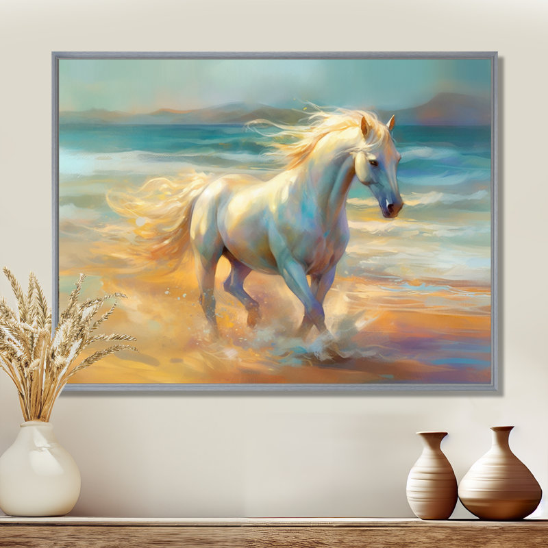 Cheval sur la plage I - art mural cheval, H 30 po x l 40 po x P 1,5 po, Encadrement argenté