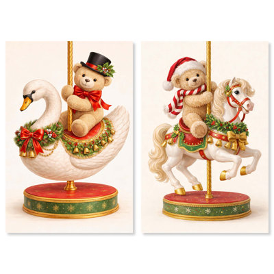 Ensemble de 2 toiles décoratives pour chambre d'enfant « Oursons en peluche sur le carrousel des fêtes » par Art Remedy, montées sur châssis, 30 x 45 cm.