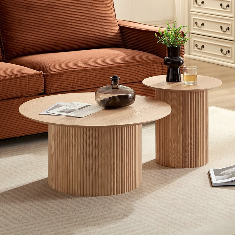 Set Of 2 Round Side Table And Coffee Table Circle Small Accent Table For Living Room Mid Century Circle Table Oak