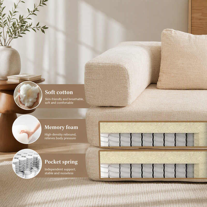 Canapé-lit convertible au sol avec structure de forme fixe, sans assemblage requis, tissu chenille pour le salon et la chambre à coucher, beige