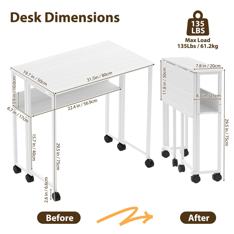 Table d'ordinateur portable 31,5 pouces avec roulettes pour petits espaces et tablette pour bureau à domicile, Blanc