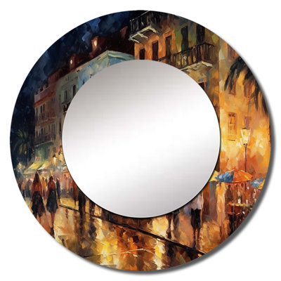 Glenora Brown And Green Gleaming Facades II - City Art Deco Decorative Wall Mirror, Brown Round Mirror, Printed Metal Art