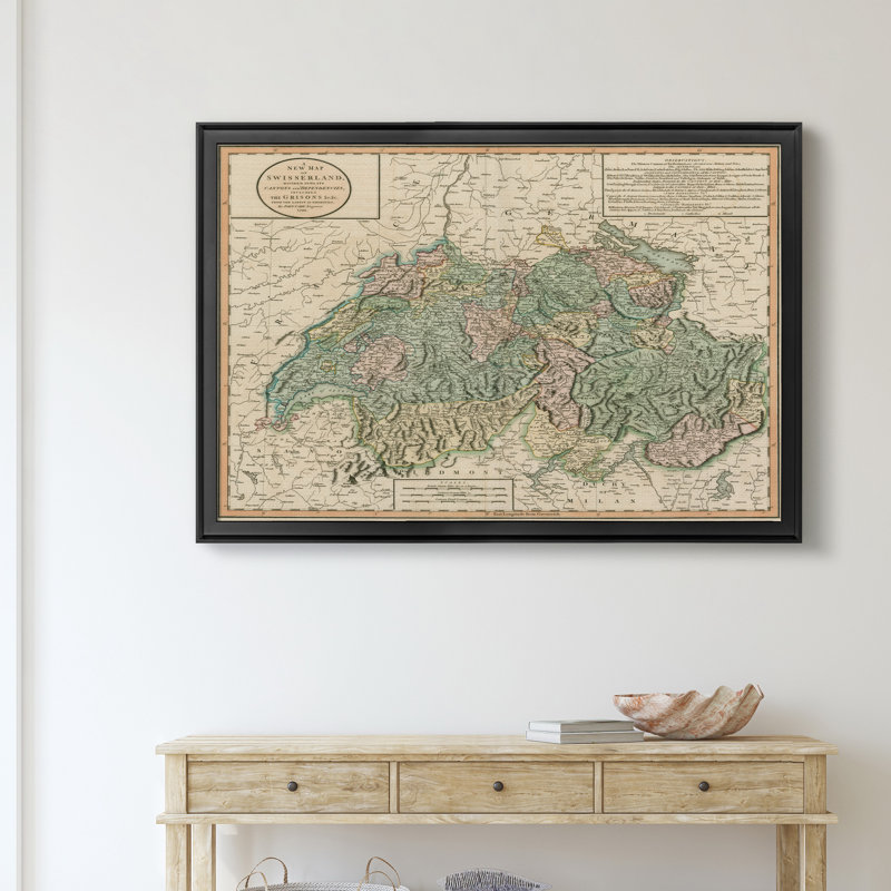 Carte de Suisse rétro-impression d’art graphique sur toile encadrée, H 22,5 po x l 30,5 po x P 1,5 po, Cadre noir