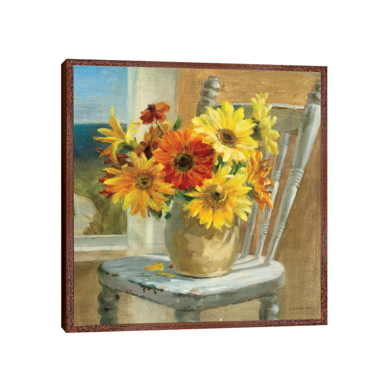 Sunflowers by the Sea Crop 1 Piece Painting on Canvas, 93.98 cm H x 93.98 cm W, Classic Brown Wood Framed