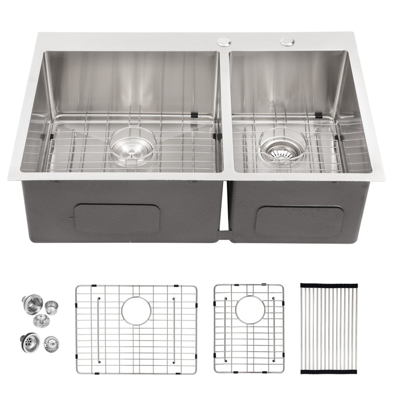 33" L x 22" W Drop-in Double Bowl 60/40 Sink 16 Gauge Stainless Steel Kitchen Sink Topmount Sink, Stainless Steel