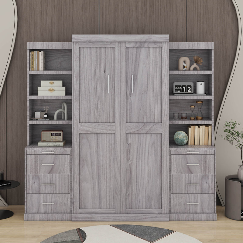 Lit escamotable double avec tablettes et tiroirs