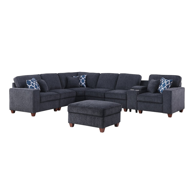 Gina Sectional Sofa With Ottoman, Black Chenille