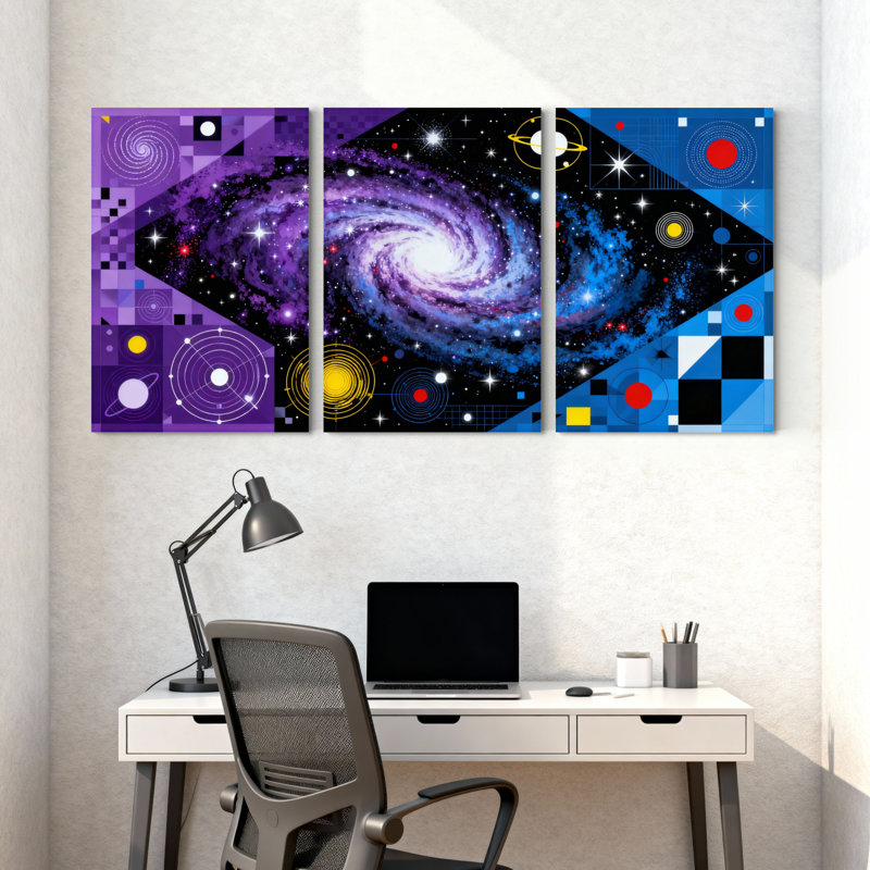 Ensemble de 3 tableaux abstraits sur toile tendue représentant un cosmos et une galaxie en spirale, H 36 po x l 72 po