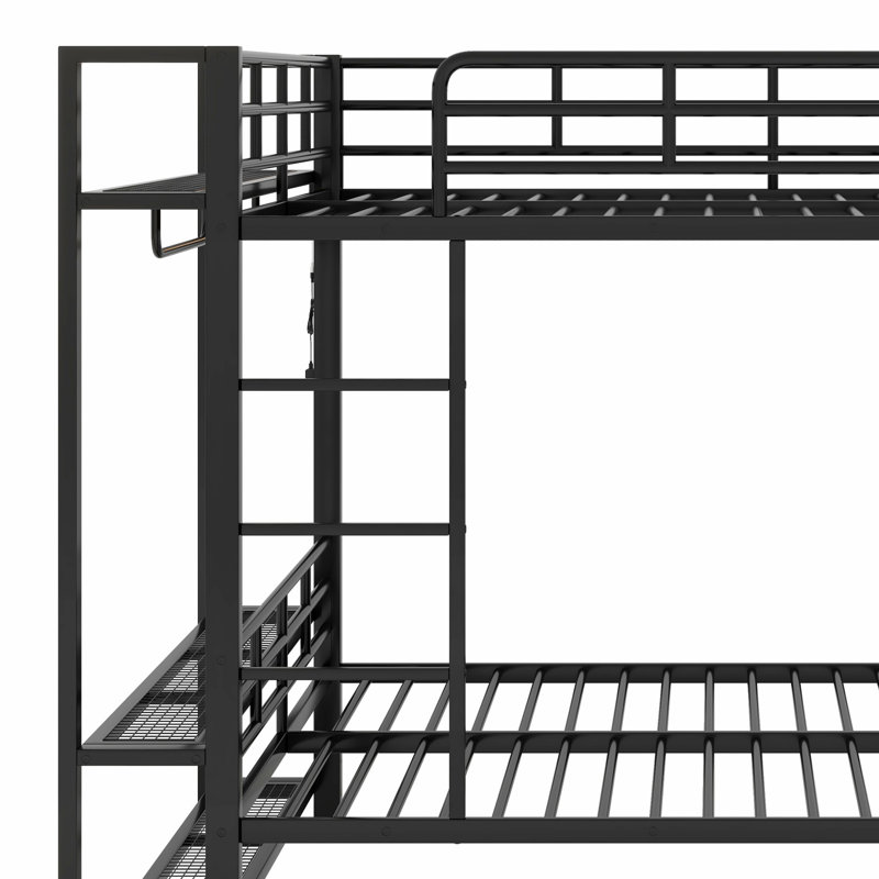 Metal Bunk Bed With Storage Mesh Shelves And Clothes Hooks,LED Light, Black