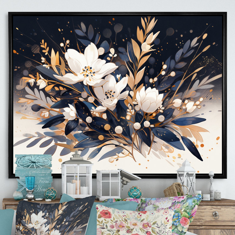«Blue White Wildflower Meadow», reproduction sur toile, H 30 po x l 40 po x P 1,5 po, Cadre flottant noir