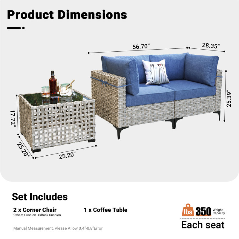 Ensemble de conversation en osier / rotin pour 2 personnes avec table basse et coussins Emroy, Bleu denim
