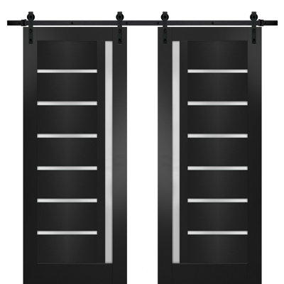 Porte de grange double robuste avec rails Quadro 4088 noir mat et verre dépoli, supports de rail de 4 m (13 pi), portes intérieures à panneaux pleins et lourds - 122 cm x 203 cm (48 po x 80 po) (2 x 61 cm x 203 cm) - Rail noir