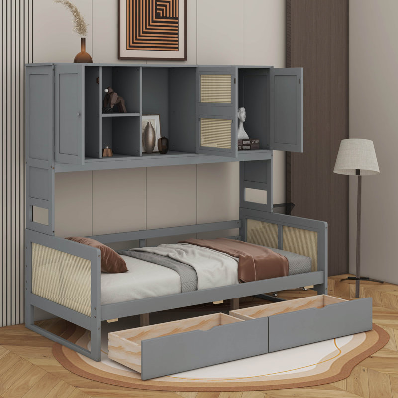 Lit de jour en bois avec 2 tiroirs et tablette, Gris, Lit simple