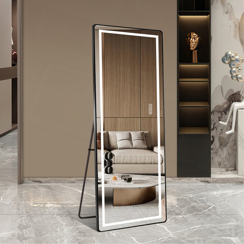 64 Inch X 21 Inch Full-Length Vertical Mirror With LED Light, Illuminated Floor Mirror With Bracket, Dimming Wall Mirror With Full-Length Aluminum Alloy Thin Frame, Black