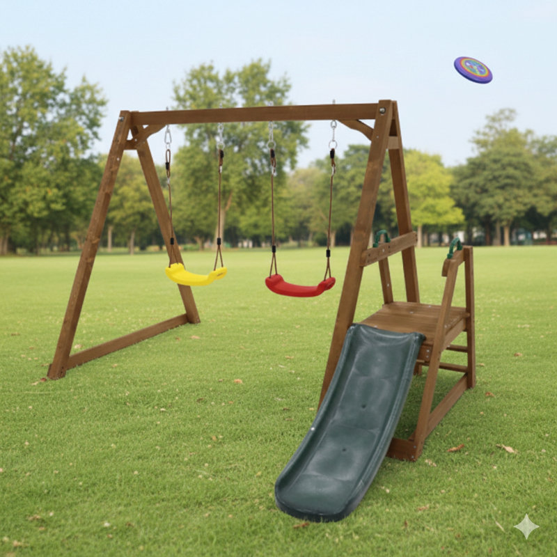 Wooden Backyard Swing Set, 2-In-1 Outdoor Playset With Slide And Climbing Rope Ladder For Children