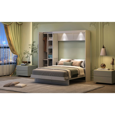 Lit mural blanc avec tablettes, garde-robe et éclairage à DEL blanc, idéal pour économiser de l'espace au sol dans un petit appartement - Solution Home Office