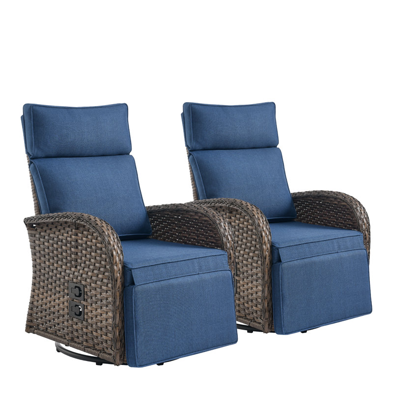 Serita Outdoor All-Weather PE Wicker Adjustable Reclining Lounge Chair With Cushions, Swivel Recliner Chair, Brown, Blue