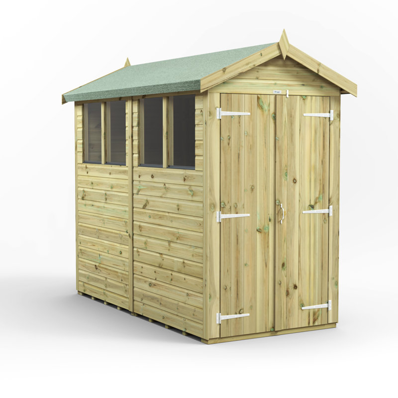 Powersheds 8 x 4ft Premium Pressure Treated Timber Apex Garden Shed, Double Doors