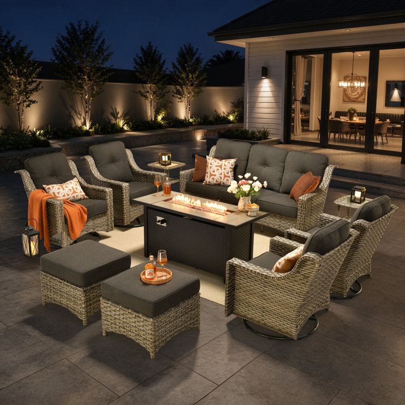 Sturgill 10-Piece Wicker Patio Conversation Set with Swivel Rocking Chairs and 50,000 BTU Fire Pit Table, Black
