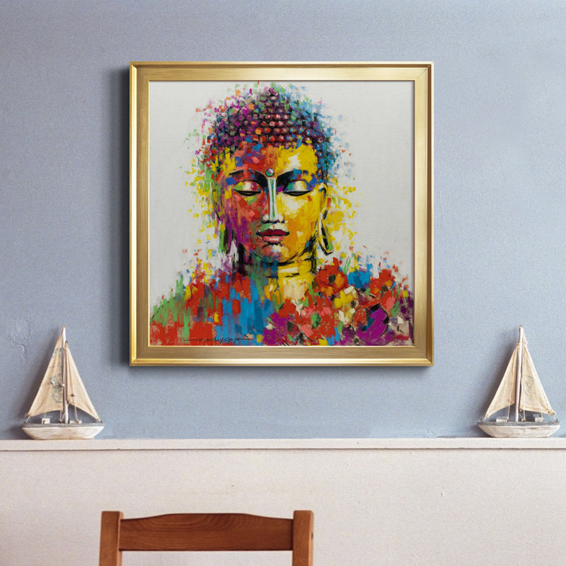 Bouddha - Peinture sur toile encadrée, H 30,5 po x l 30,5 po x P 1,5 po, Encadrement doré