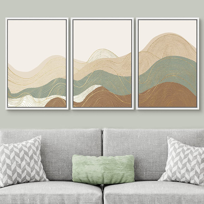 Multicolor Geometric Wave Abstract Mountain Landscape Wall Art Framed Canvas 3 Piece Painting Print, 24" H x 48" W, White
