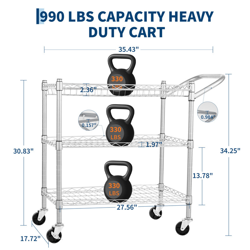 Chariot utilitaire roulant robuste à 3 niveaux, chariot de service en métal avec capacité de charge de 990 lb avec poignée et doublures, roues verrouillables pour cuisine, restaurant et argent