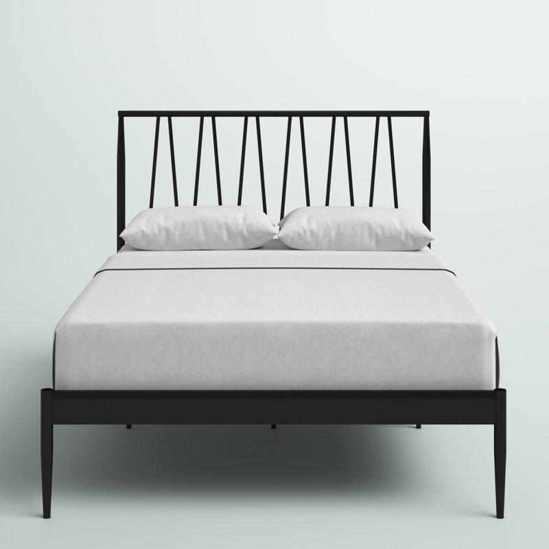 Black Metal Queen Bed Frame with Geometric Headboard