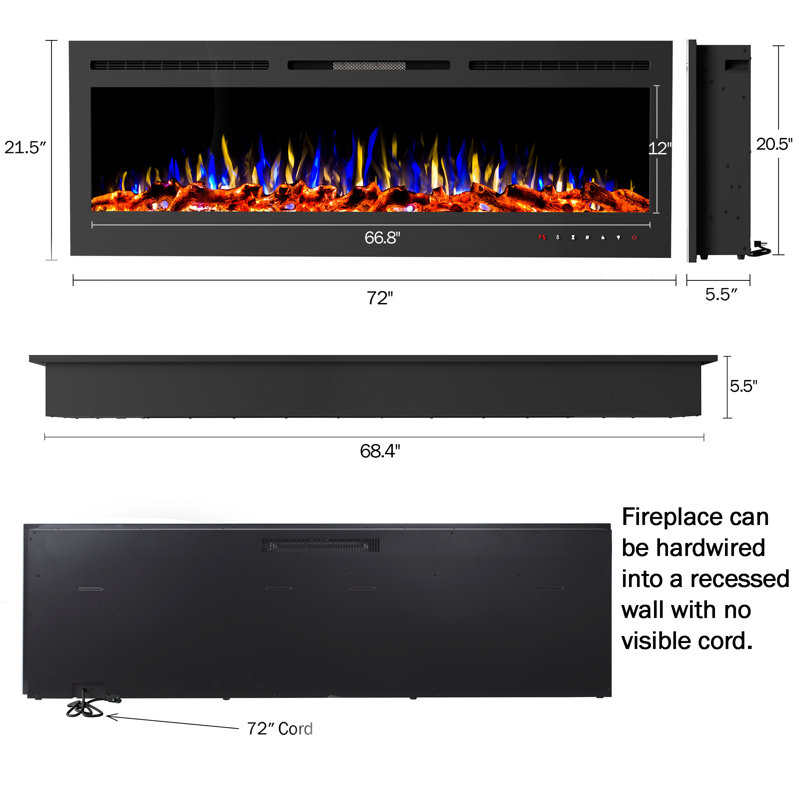 Symple Stuff Electric Fireplace - 72 Inch LED Wall or Recessed Fireplace Heater with Front Vent,10 Ember Colors, Touchscreen, and Remote