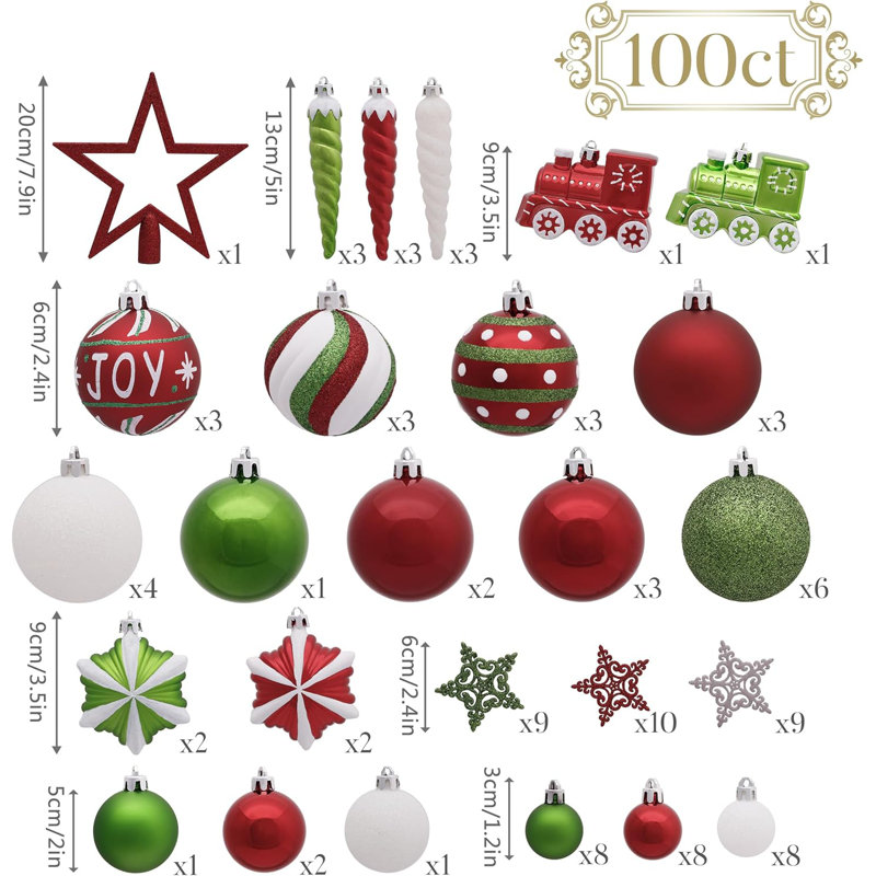  Ensemble d'ornements de Noël, décorations d'arbre de Noël incassables en forme de boules de Noël rouges, vertes et blanches en vrac, décorations fantaisistes pour arbres de Noël