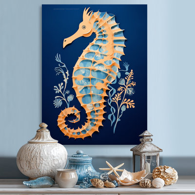 Hippocampe doré bleu sur fond bleu foncé - Hippocampe, art mural de salon