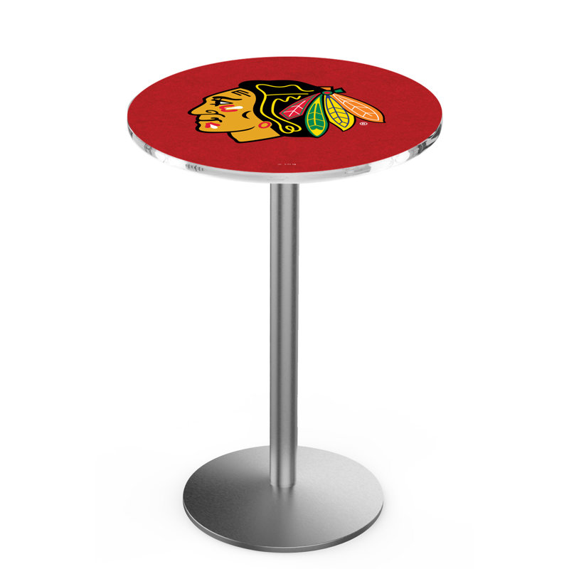 NHL Round Metal Base Dining Table, Stainless Steel, Chicago Blackhawks - Red