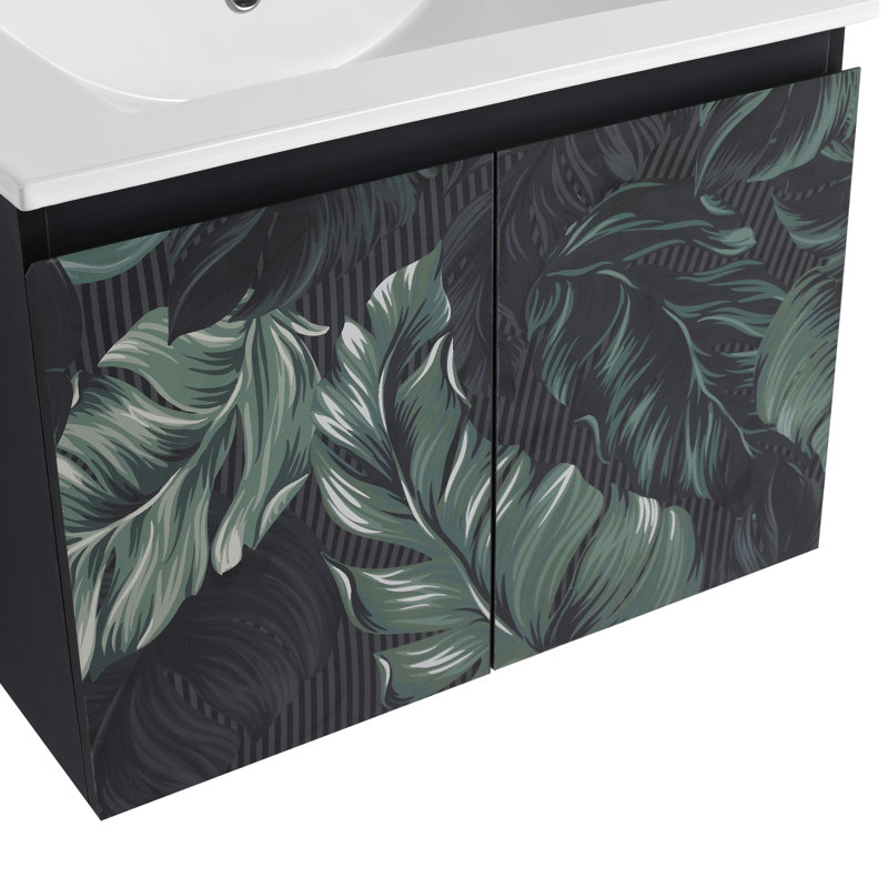 Meuble-lavabo mural 24 po. Contreplaqué noir avec porte à fermeture en douceur. Évier en céramique pour une salle de bain moderne.