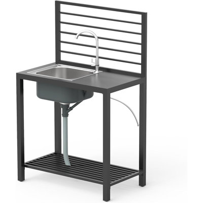Îlot de cuisine extérieur avec rangement, évier en aluminium pour îlot de cuisine en acier inoxydable avec robinet et égouttoir, tablettes de rangement autoportantes pour l'intérieur et l'extérieur