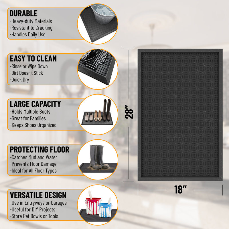 Easy clean, Waterproof Non-Slip Indoor/Outdoor Rubber Boot Tray, 18 in. x 28 in., Black Tray