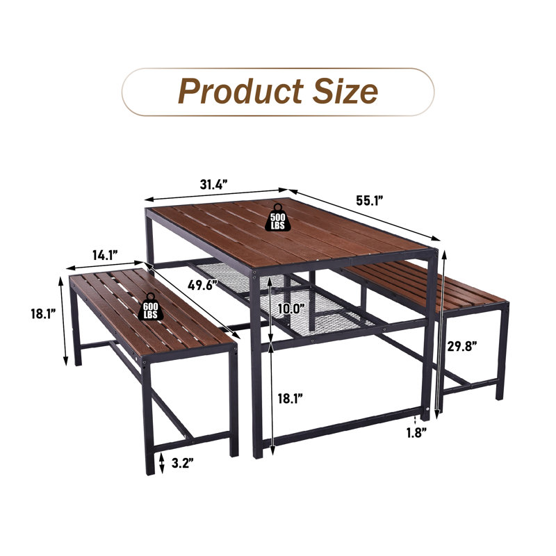 Picnic Table And Bench Set With 2" Umbrella Hole And Storage Rack, For Indoor And Outdoor Use