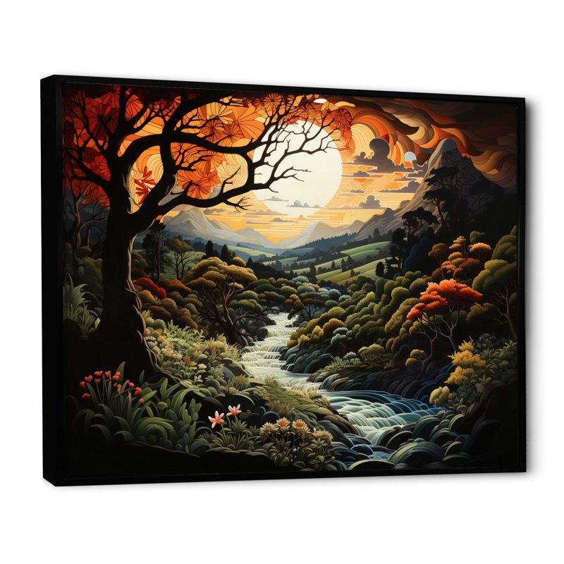 «Orange Green Mountain Garden of Eden I», reproduction d'art sur toile, H 34 po x l 44 po x P 1,5 po, Cadre flottant noir