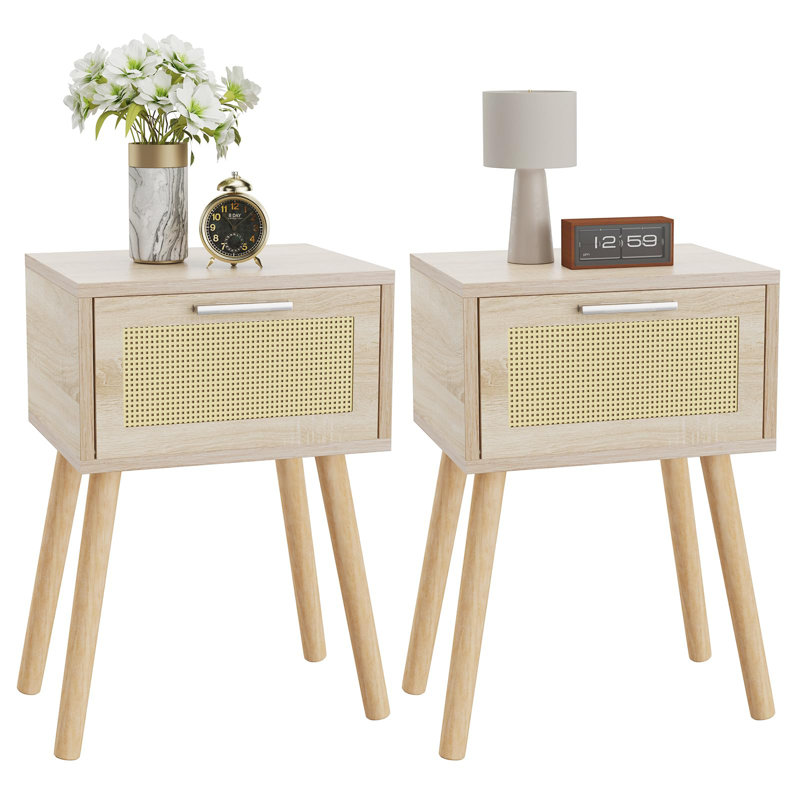 Natural Rattan Drawer Nightstands with Solid Wood Legs, Set of 2