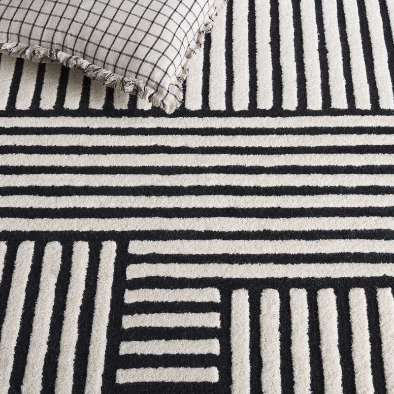 Tapis ivoire / noir en laine / coton touffeté à la main Elsbeth, Rectangulaire 3 pi x 5 pi