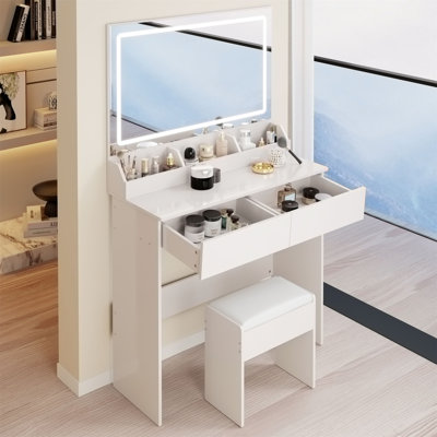 LED Mirror Makeup Vanity Table and Stool Set