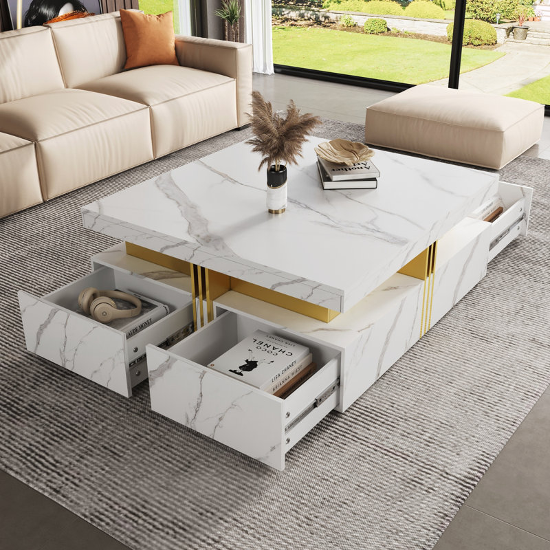 Table basse carrée moderne avec rangement, Blanc