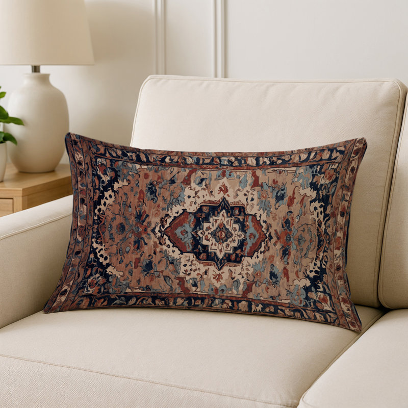 Coussin décoratif intérieur et extérieur Modern, Bleu marine / rouille / beige damassé, Rectangle H 20 po x l 14 po