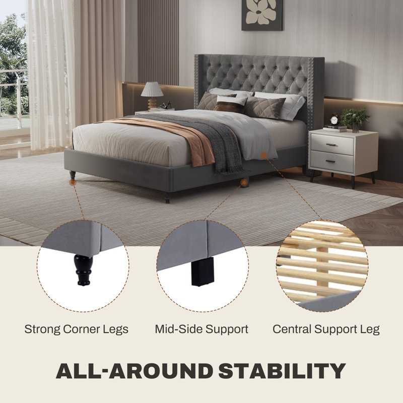 Madison Upholstered Platform Bed with Button-Tufted Headboard, Gray (Queen)