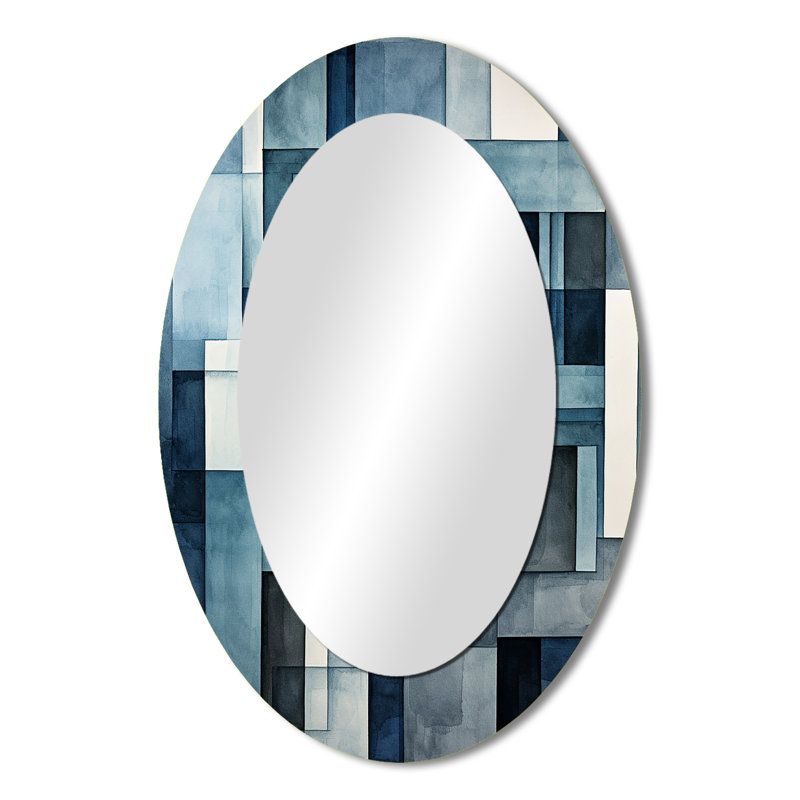 Indigo Illusion Abstract Shapes II - Gray Modern Oval Wall Mirror, 36" x 24"