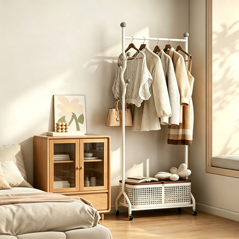 Modern Rolling Entryway Coat Rack, Cream