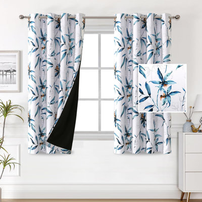 Paire de rideaux occultants et isolants avec imprimé thermique isolant et isolant 63 pouces de long (2 panneaux), gris floral et bleu sarcelle