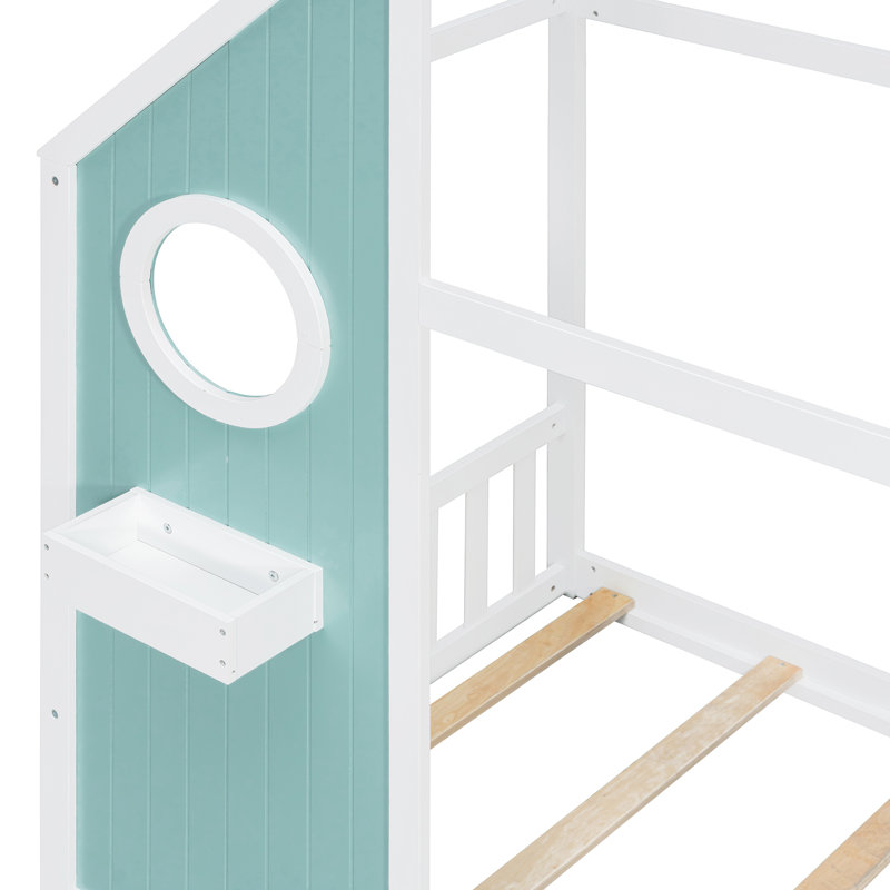 Lits jumeaux cabane, glissade en bois MDF avec lumières de boules, chambre d'enfant bleue moderne, Bleu