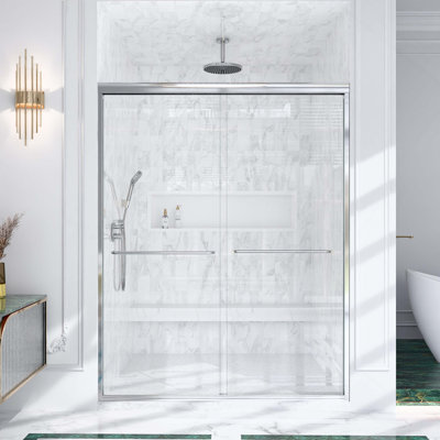 56"-60"W*72" H Semi-Frameless Double Sliding Shower Door, Bypass Shower Door, 1/4" (6Mm) Thick SGCC Tempered Glass Door, Chrome