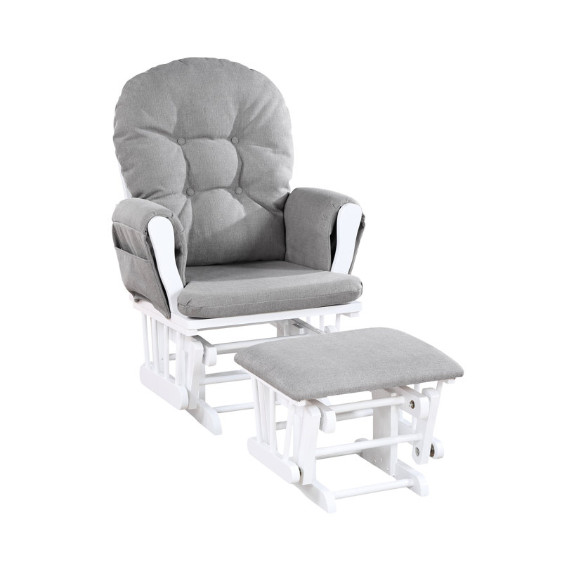 Fauteuil coulissant Mason et en bois blanc - revêtement en tissu huître, glissement doux, dossier à boutons, rangement sur les poches latérales, accoudoir de style chambre de bébé traditionnel, coussin de dossier rembourré silencieux, capitonnage, look